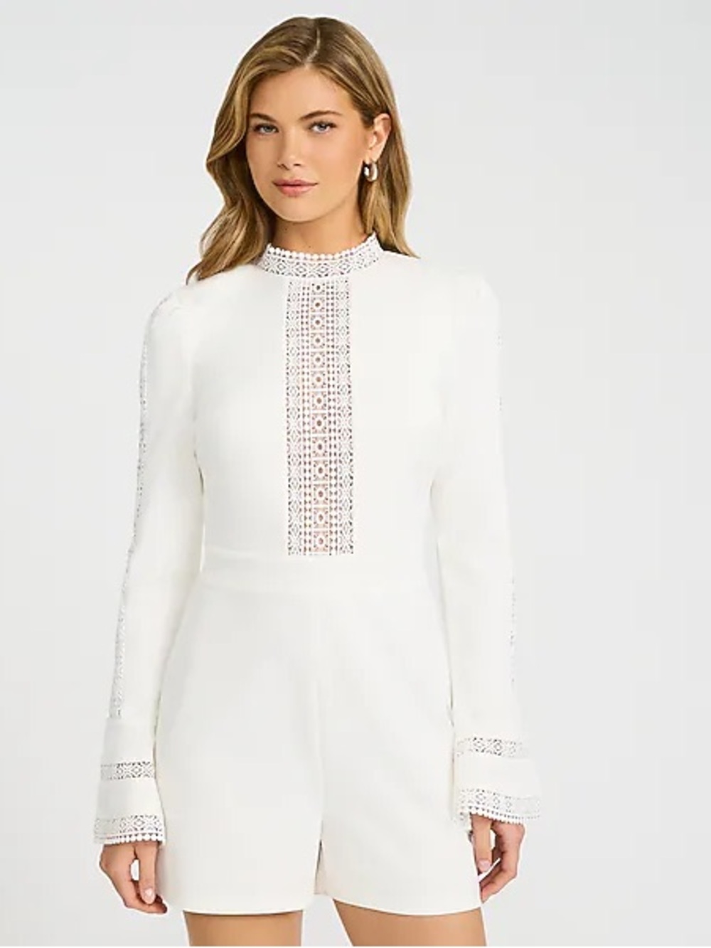 WT EXPRESS x bebe Lace Pieced Mock Neck Long Sleeve Romper